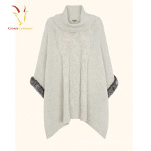 Fashion Women's Turtleneck Cashmere Cable Knitted Poncho with Fur